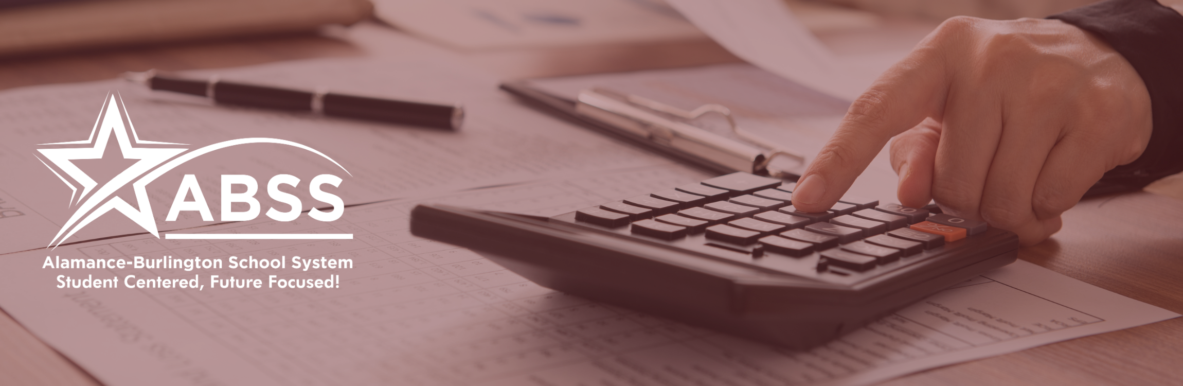 A photograph of someone's hand pressing a button on a calculator overlaid with a maroon color and a white ABSS Logo