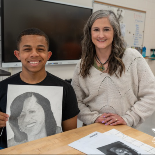 Portrait of Teacher of the Year, Windy Lampson, on a blue background