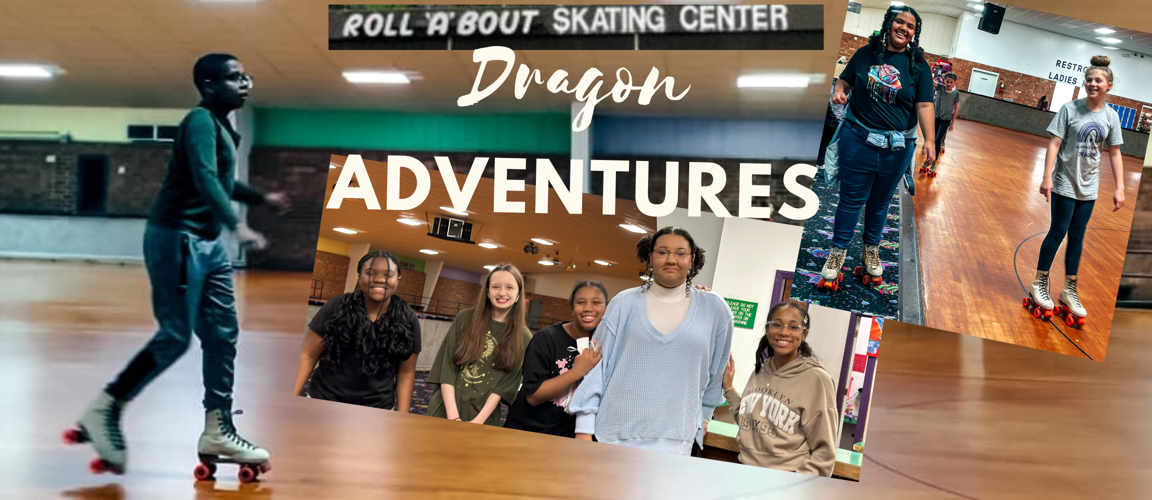 A photo montage of students roller skating and posing at Roll A Bout for a Dragon Adventure