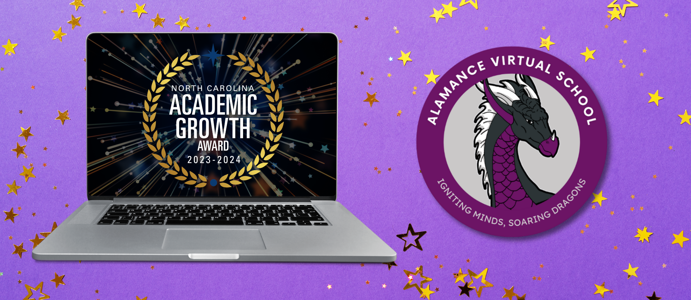 A banner featuring the Alamance Virtual School dragon logo and a medallion with text Academic Growth Award over top a purple background with gold stars