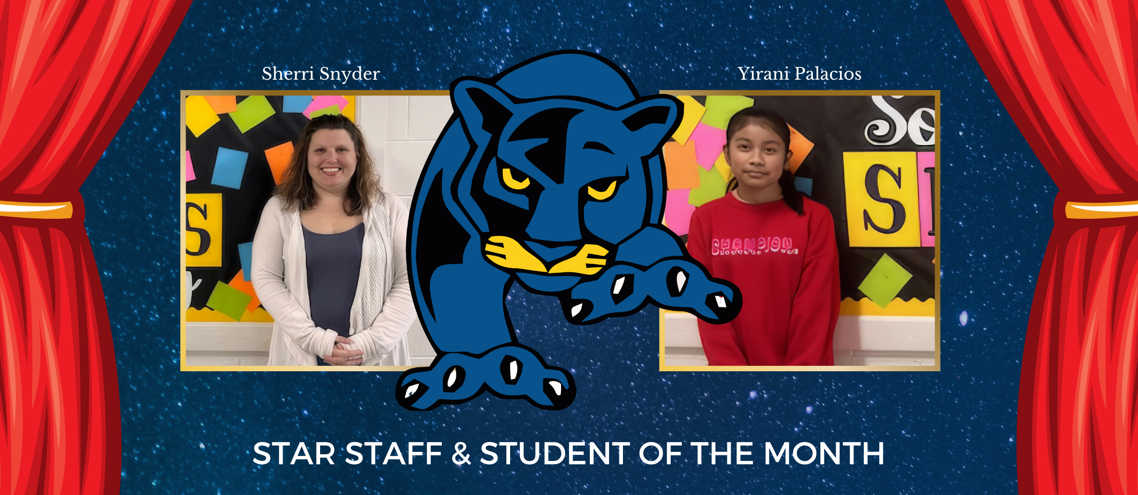 STAR Staff and Student of the month feature banner with portraits and school logo