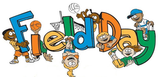 This is an image of child playing on and hanging from the text of "Field Day" written in different letters.