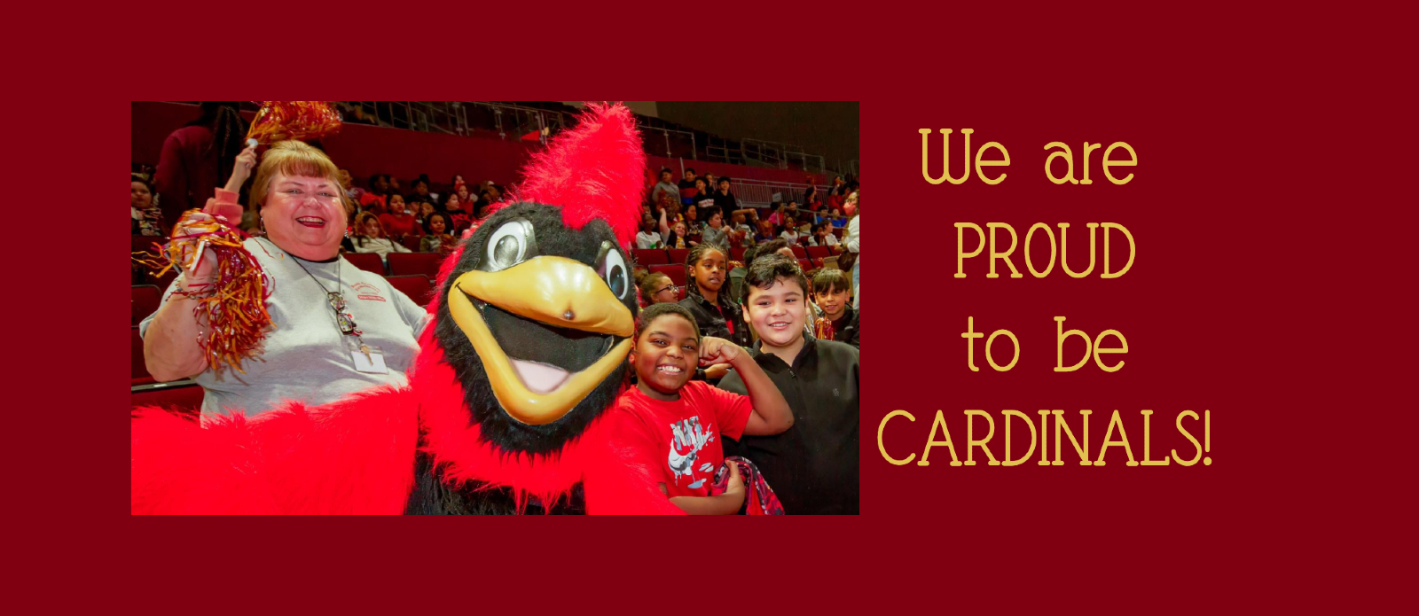 We are proud to be cardinals (image with three people posing with a cardinal mascot)