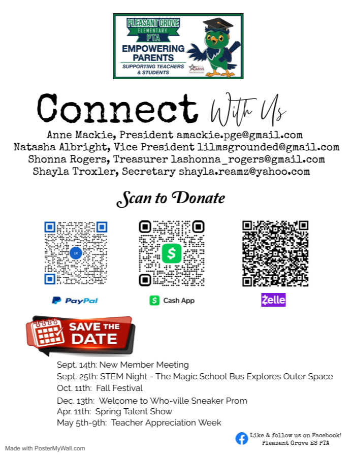 Connect with the PTA- President- Anne Mackie, Vice President- Natasha Albright, etc...