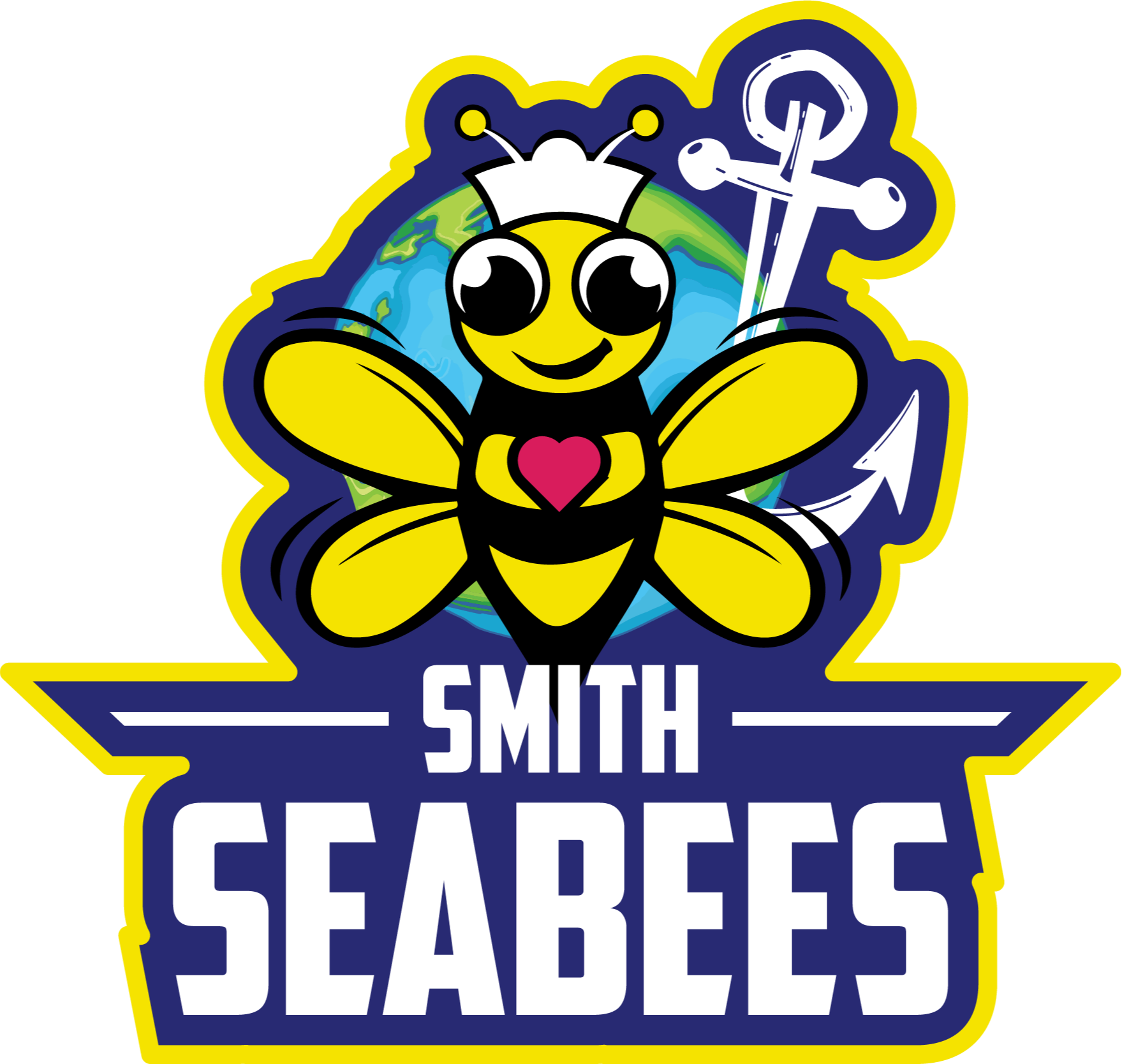 Smith Elementary logo with the "Seabees" bee mascot and a globe in the background