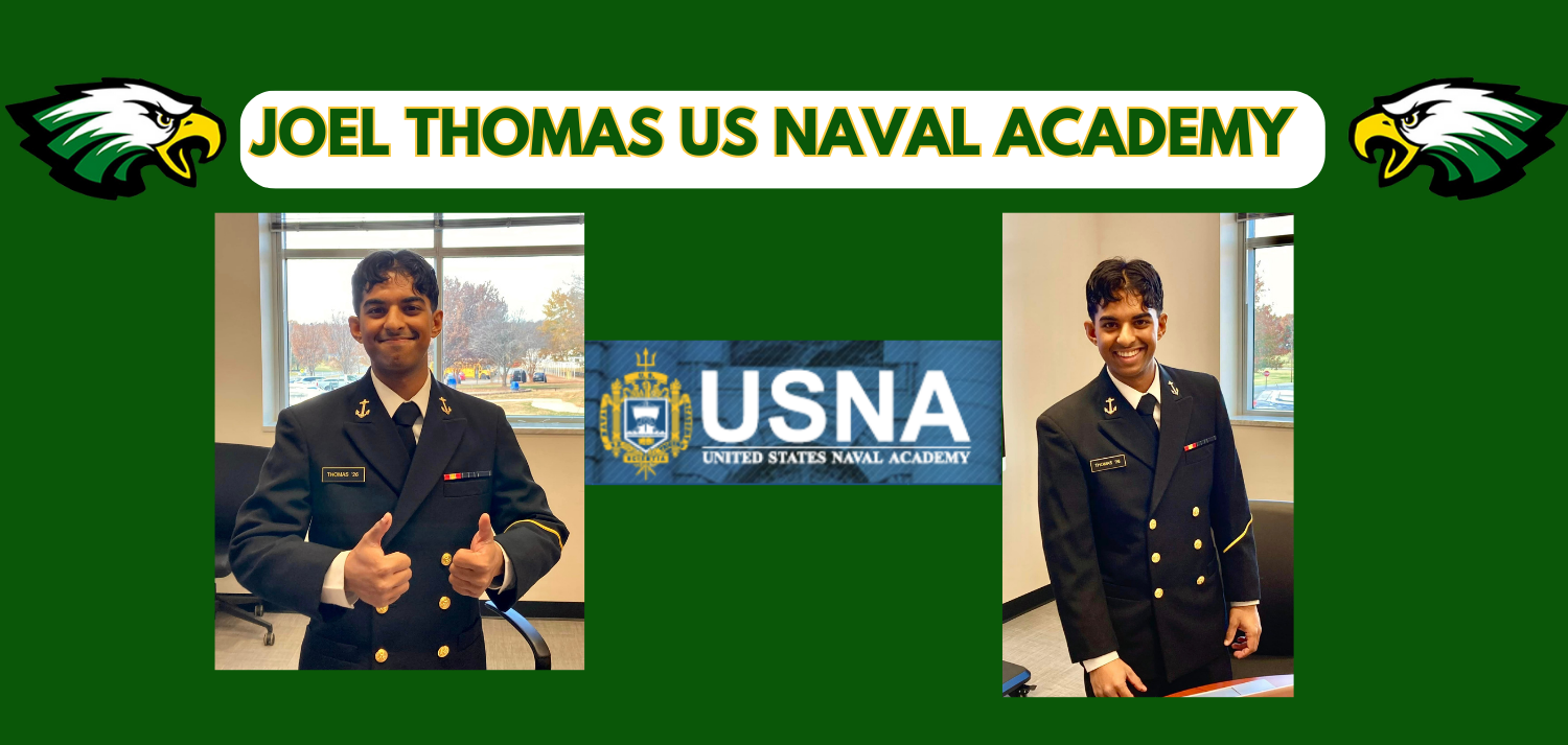 Two Images of Naval Cadet, Joel Thomas against a green background.