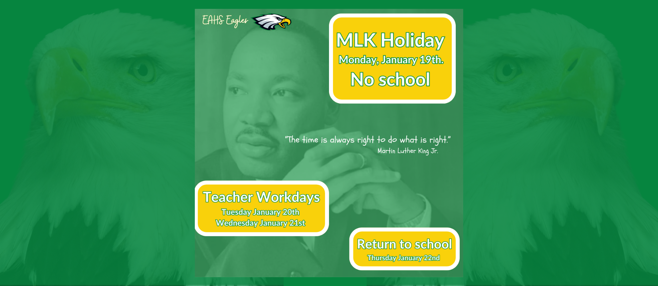 MLK Weekend No school again until Thursday Jan 22