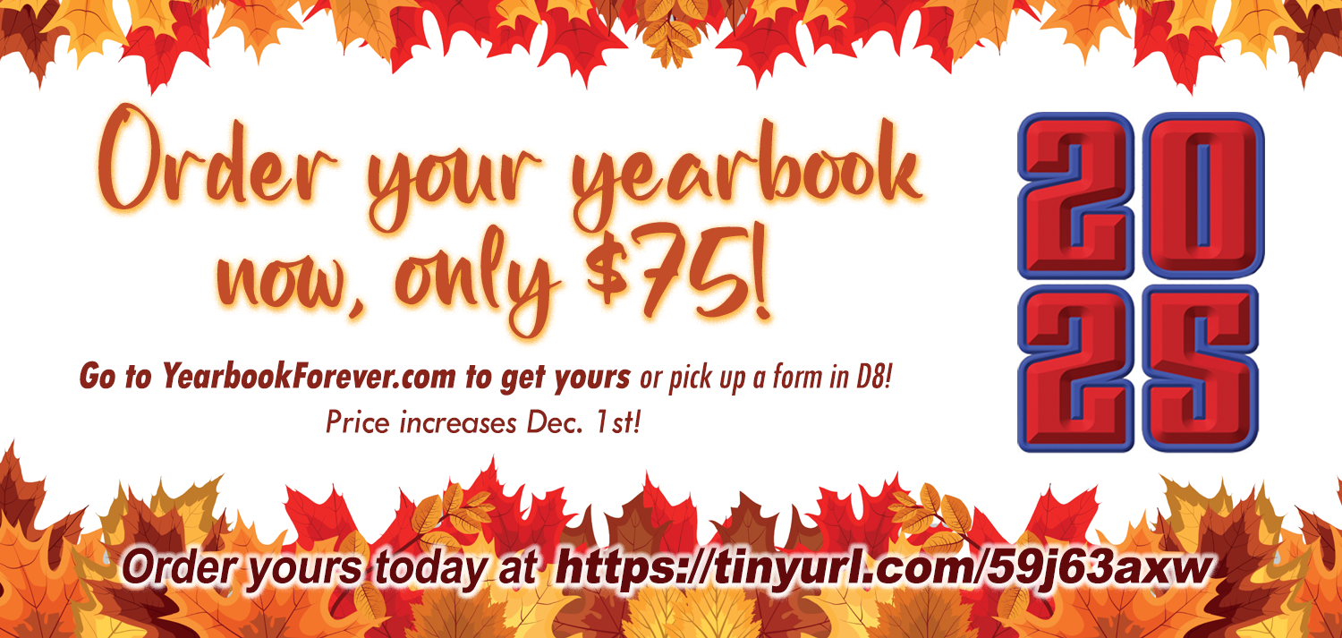 fall looking banner - yearbooks for sale - now $75, fall colors with leaves and cloass of 2025 logo