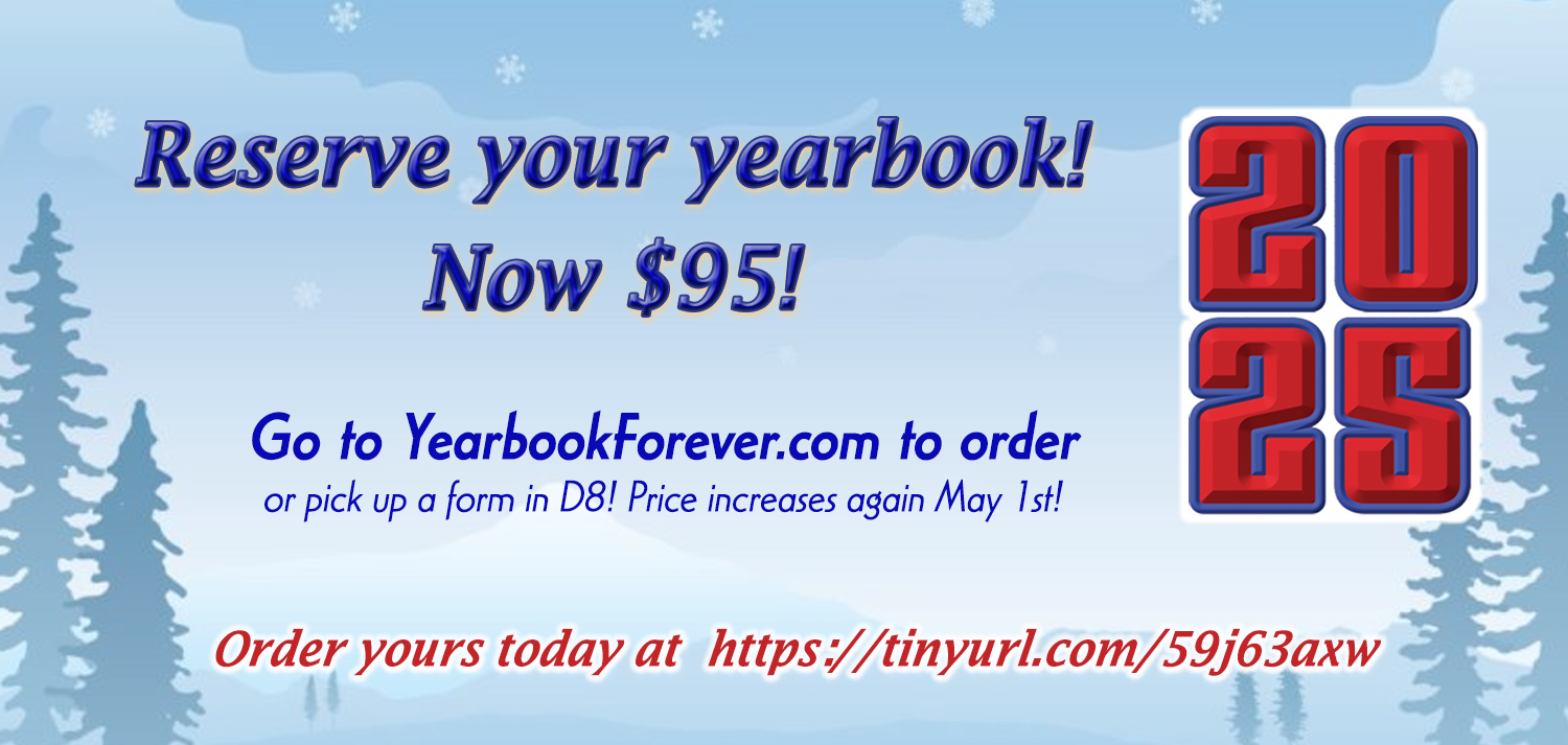 red and blue text on a light blue winter background - yearbooks are now $95