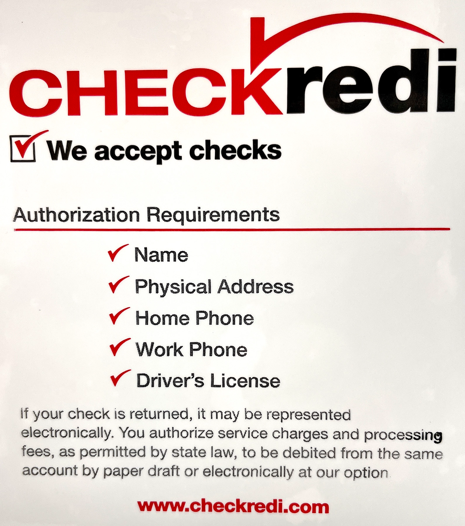 CheckRedi sticker saying we will accept your check here at SAHS