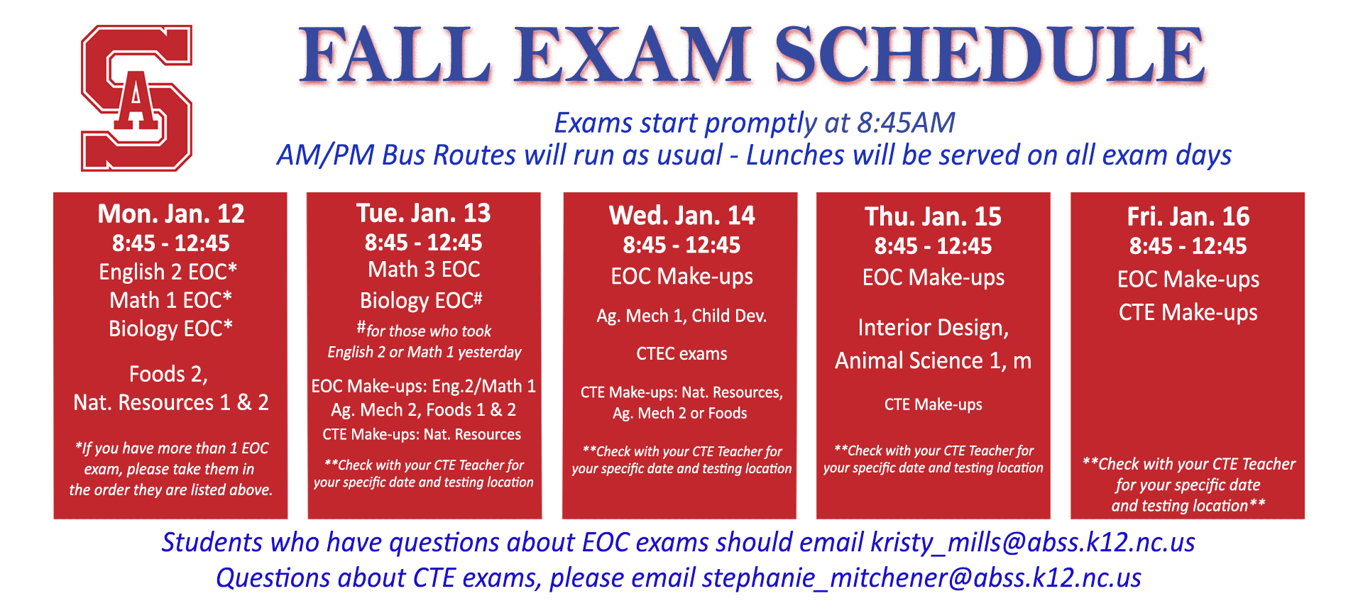 red white &amp; blue Fall 2025 exam schedule