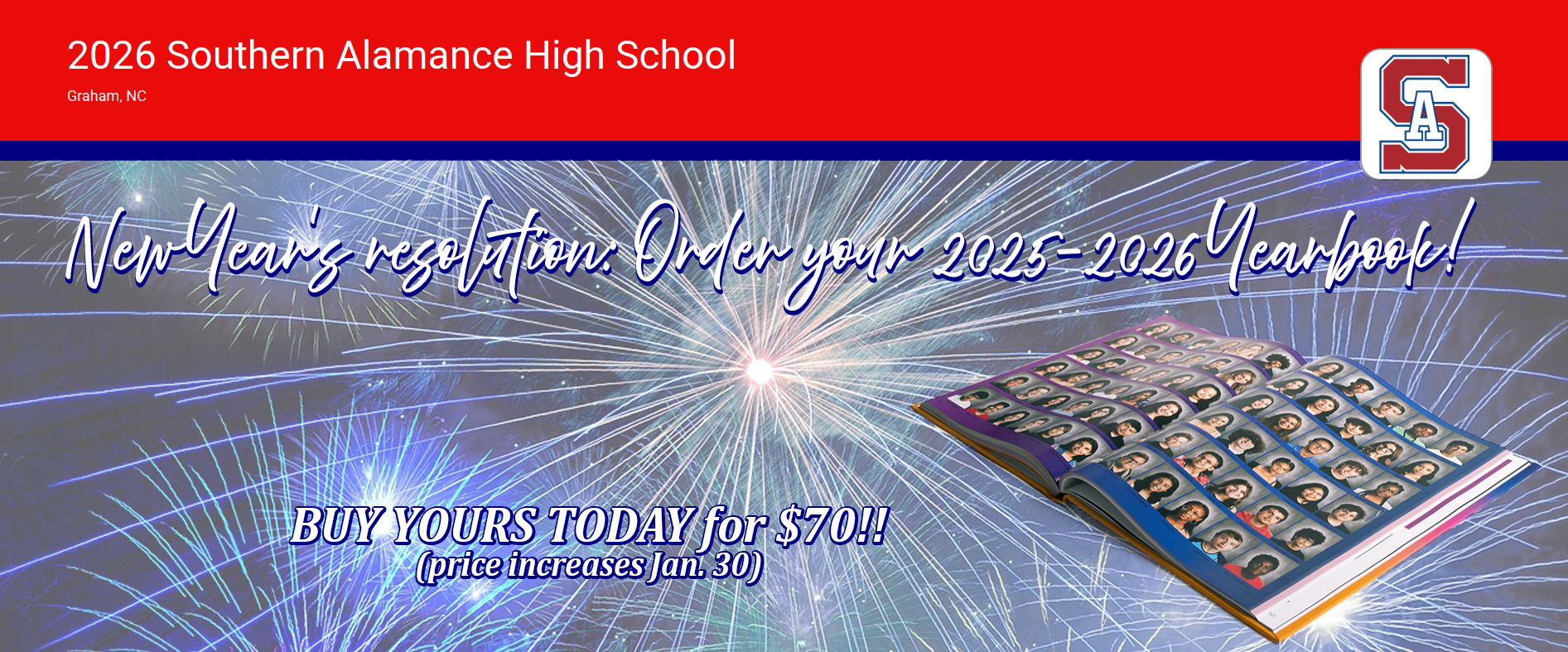 yearbook image w/ fireworks, new year's resolution: order your yearbook $70
