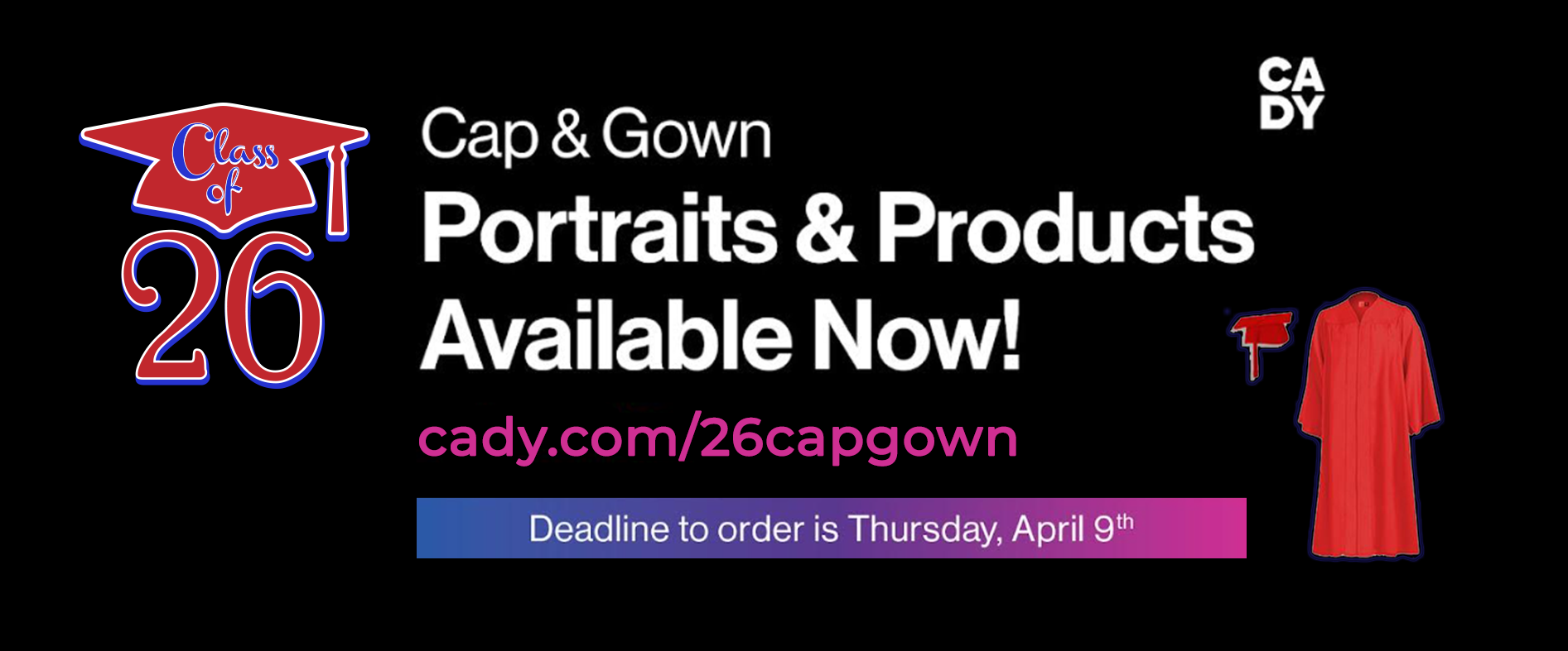 black &amp; white text with class of 2026 logo with a red cap &amp; gown