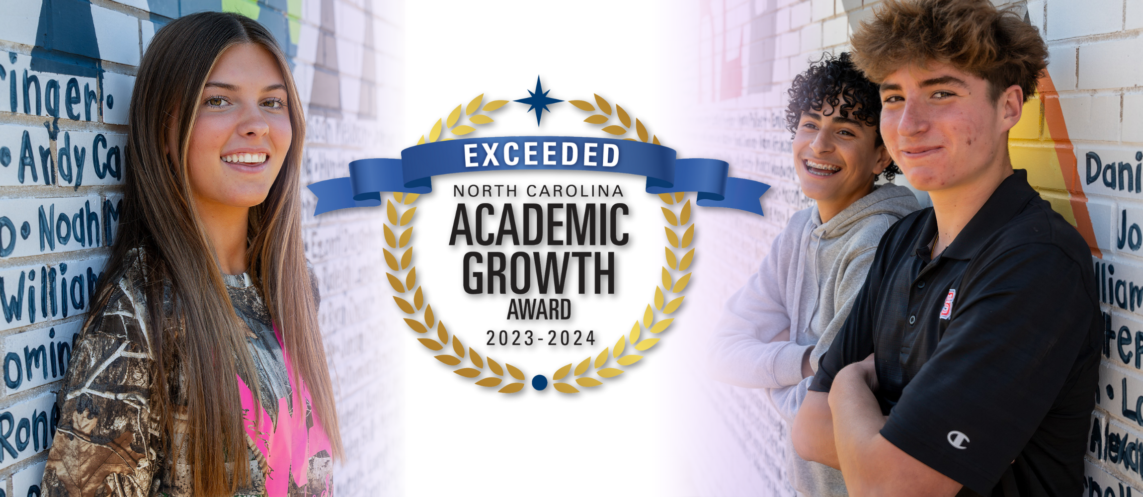 Three students, one on the left, two on the right, with a white gradient fade towards the center and award graphic recognizing school as exceeding growth