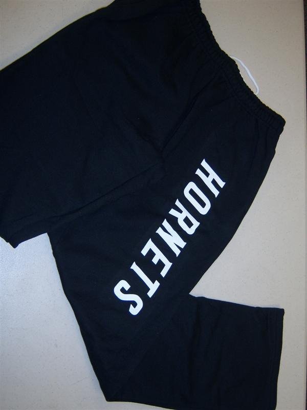 Black sweatpants with white letters Hornets on left leg