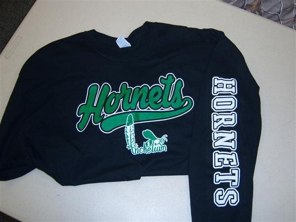 Black sweatshirt with green Hornets and logo, white letters Hornets on left sleeve