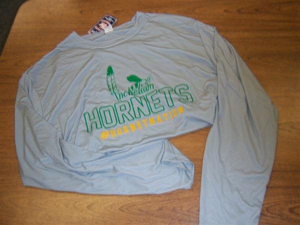 Grey long sleeve shirt with green Inchelium Hornets and yellow #Hornetnation
