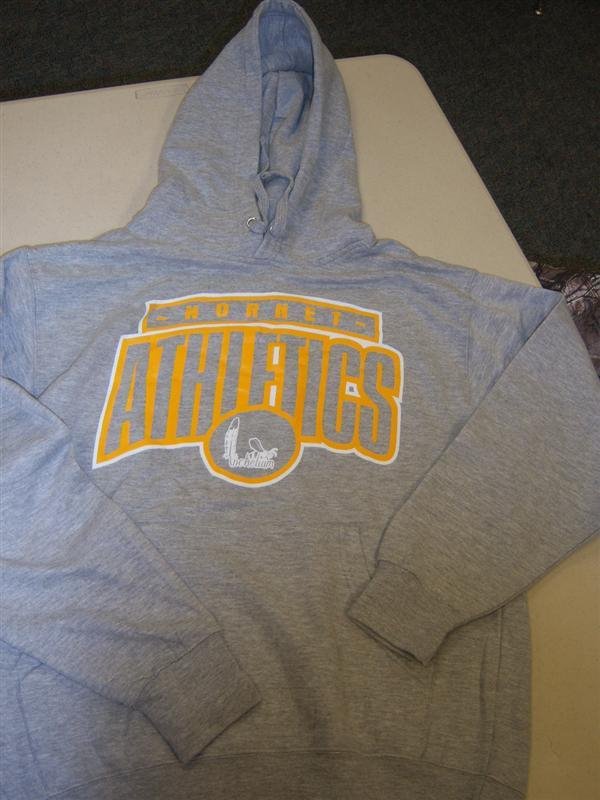 Gray hoodie with yellow hornets athletics writing