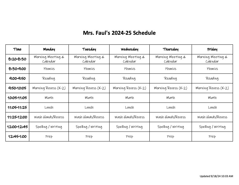 Faul Classroom Schedule