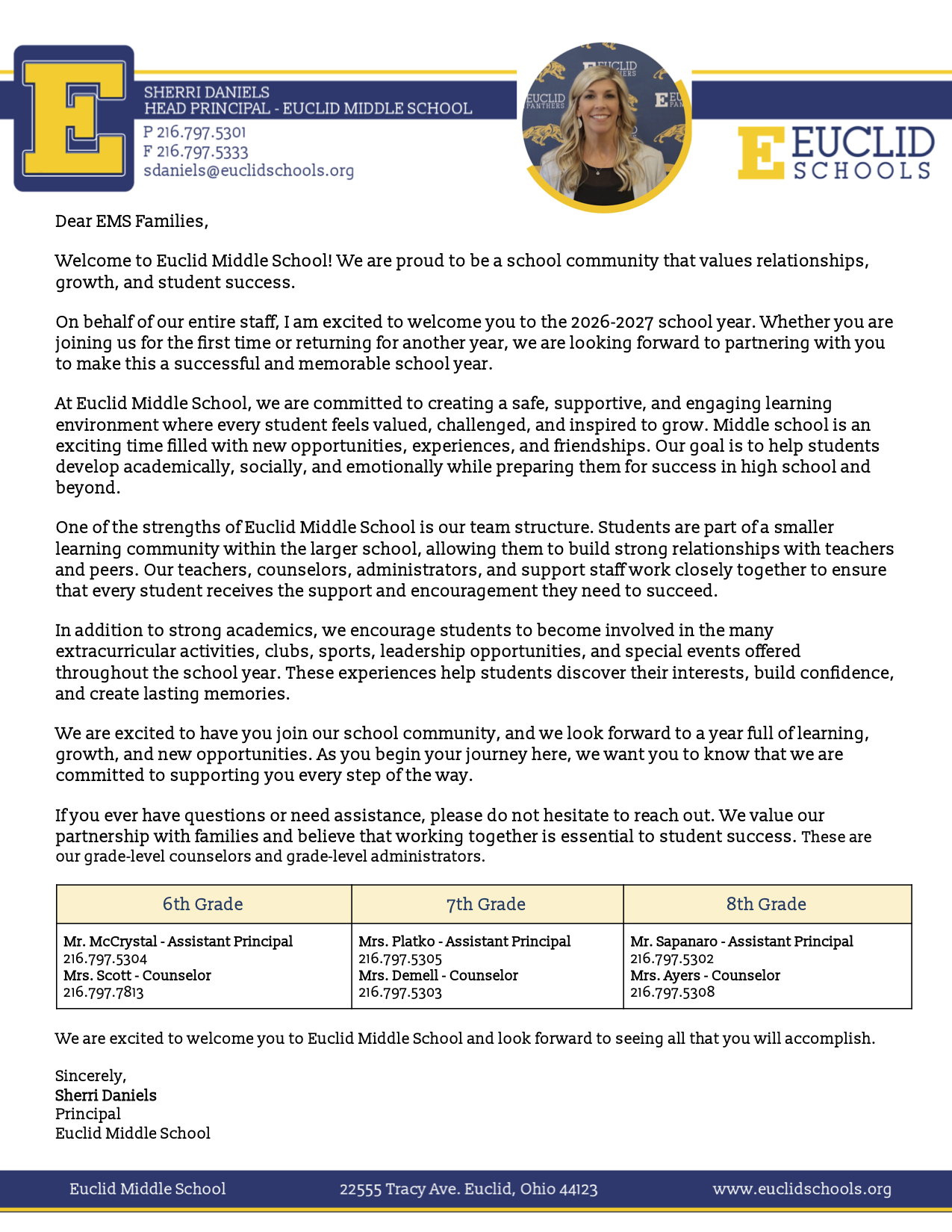 Document with a woman's photo, Euclid Middle School logo, and a message welcoming students to the 2020-2021 school year.