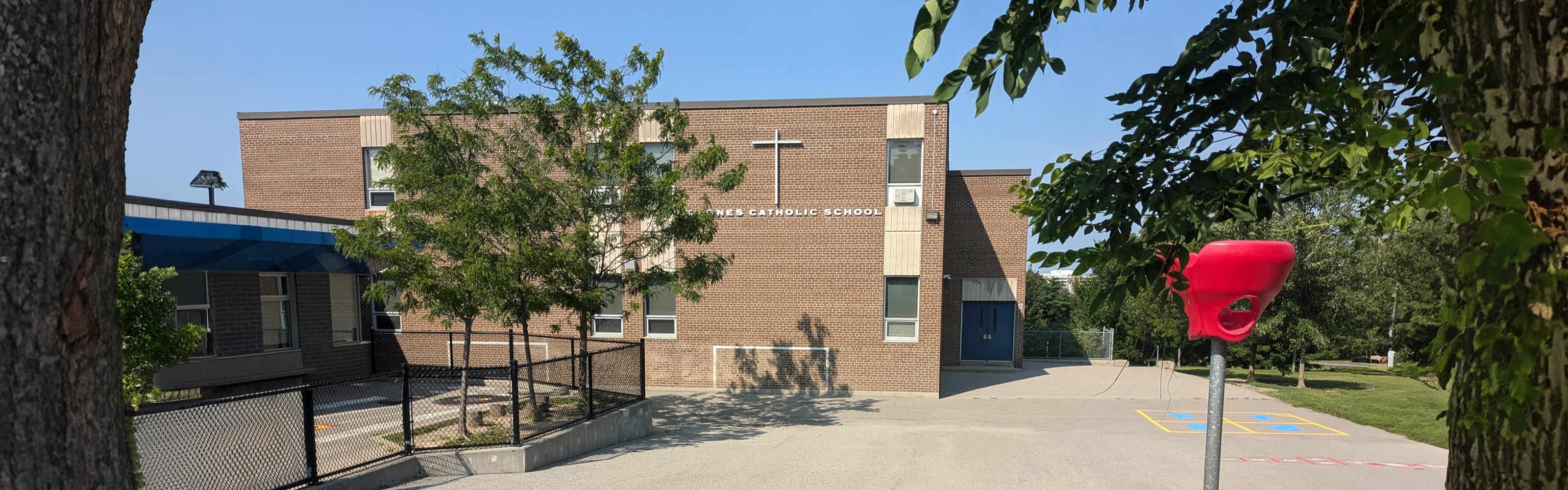 The front of the school building.