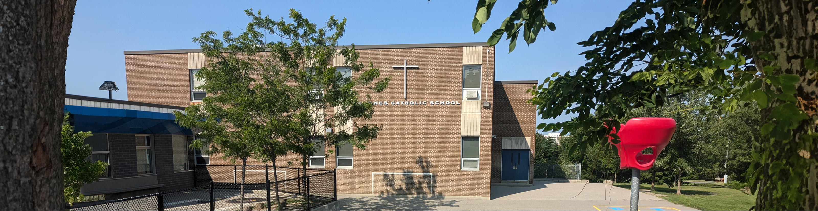 The front of the school building.