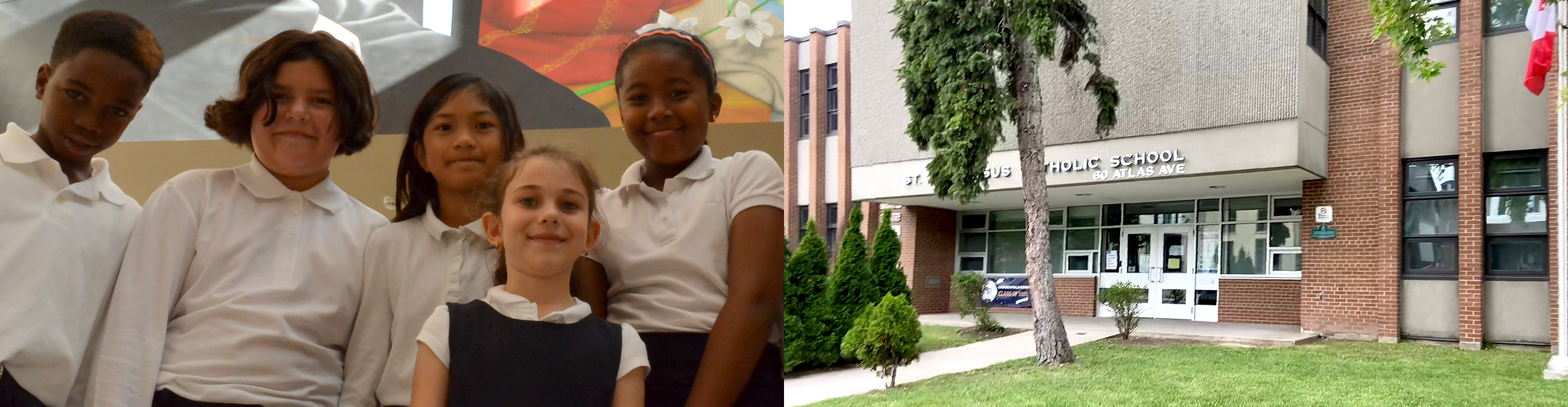 Left, a group of elementary students in white and navy school uniform. Right, the front of the St. Alphonsus Catholic School building.