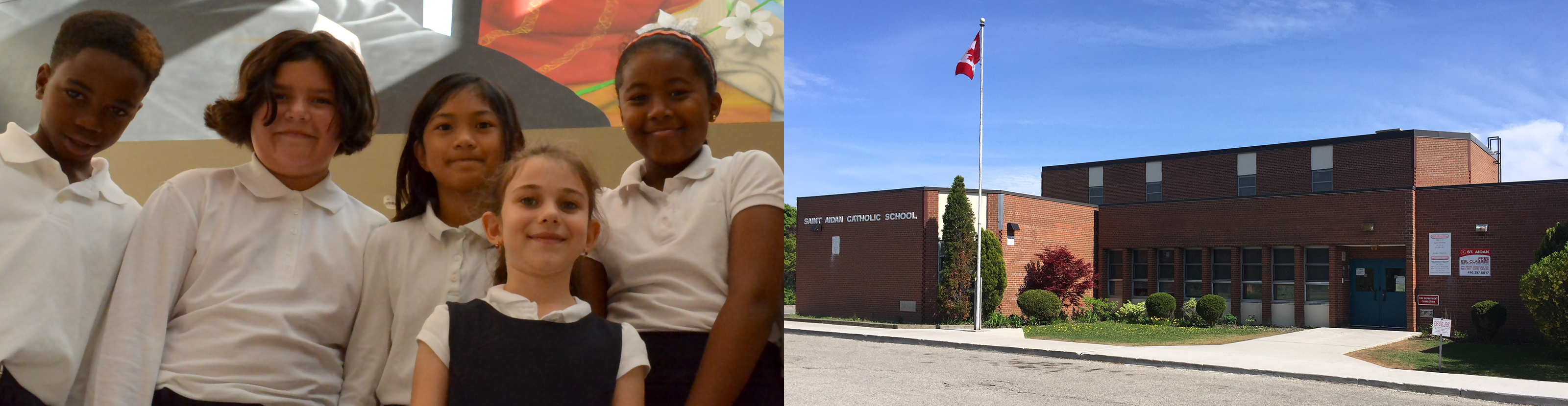 Left, a group of elementary students in white and navy school uniform. Right, the front of the St. Aidan Catholic School building.