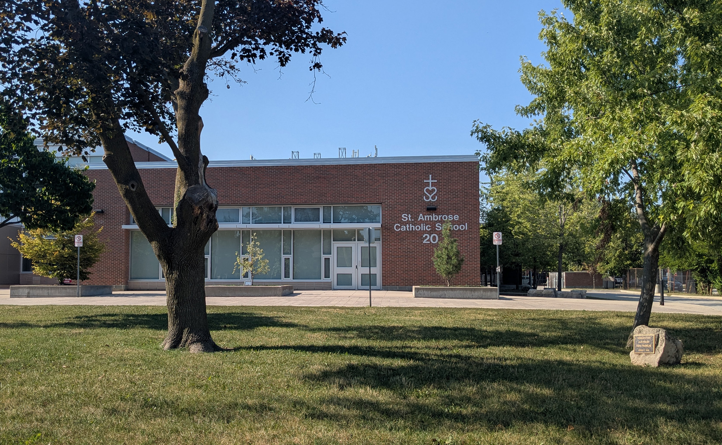 The front of the school building.