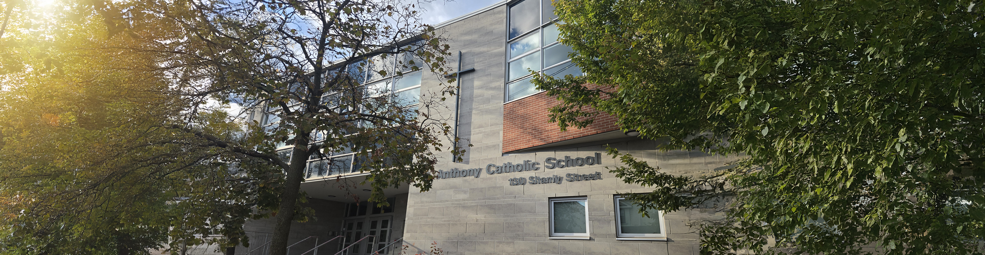The front of the school building.