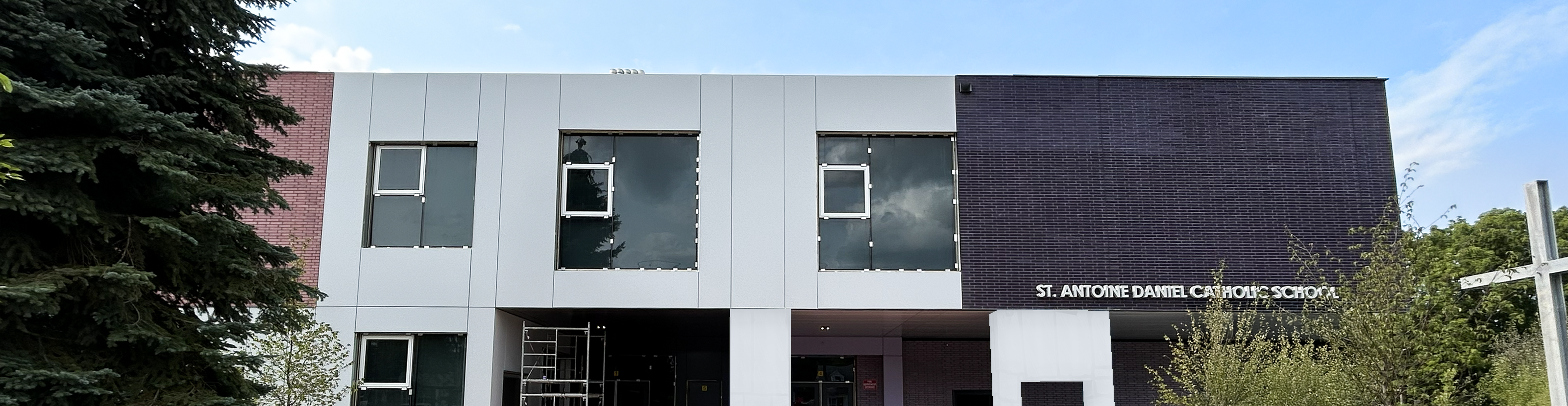 The front of the school building.