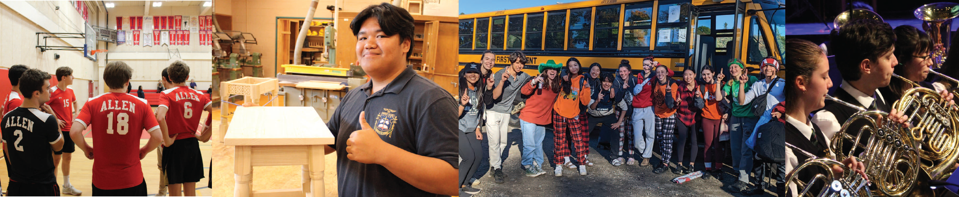 First image features a team of male volleyball students. Second image consists of a male student in uniform in a woodworking class. Third image consists of a group of students standing in front of a school bus. The forth image consists of a group of students playing musical instruments. 