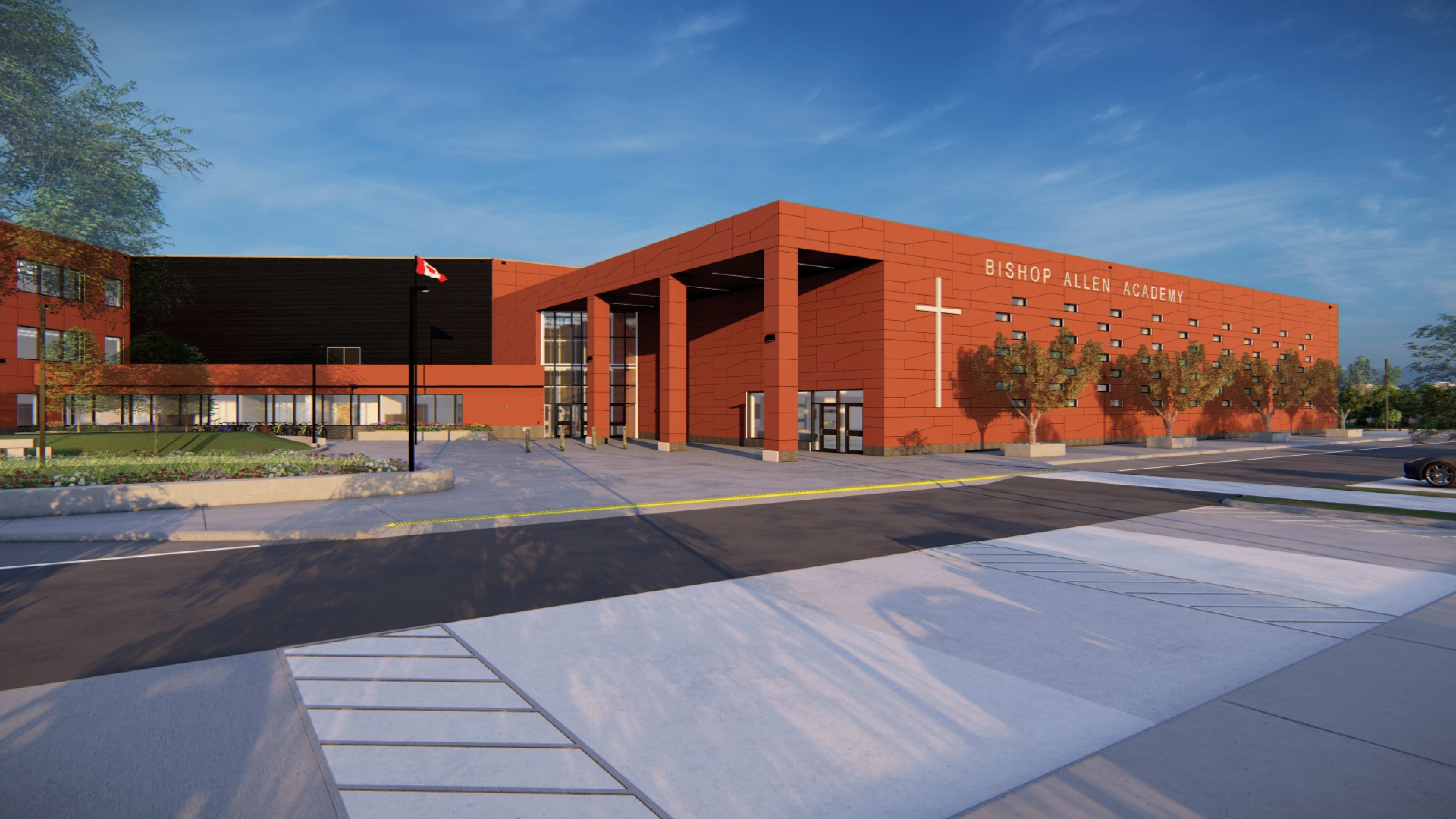 A rendering of the school front entrance.