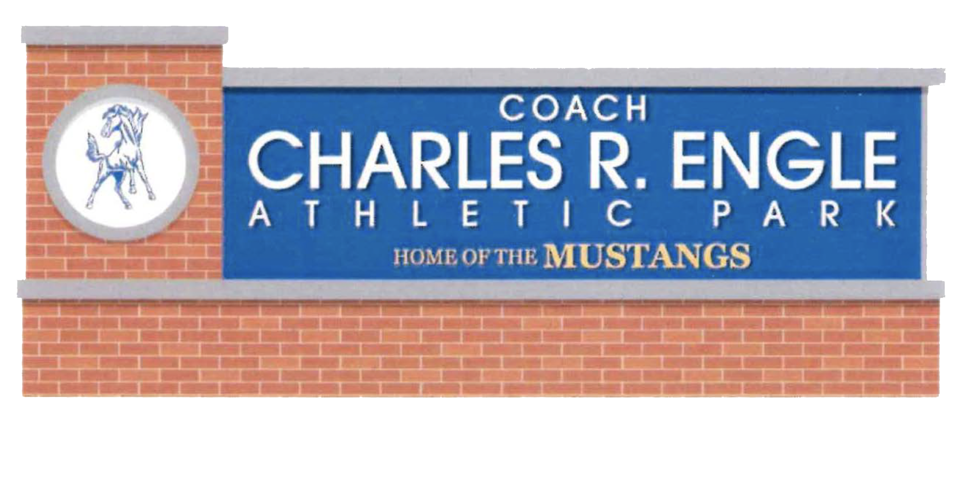 a mock up of the monument reading Coach Charles R. Engle Athletic Park Home of the Mustangs