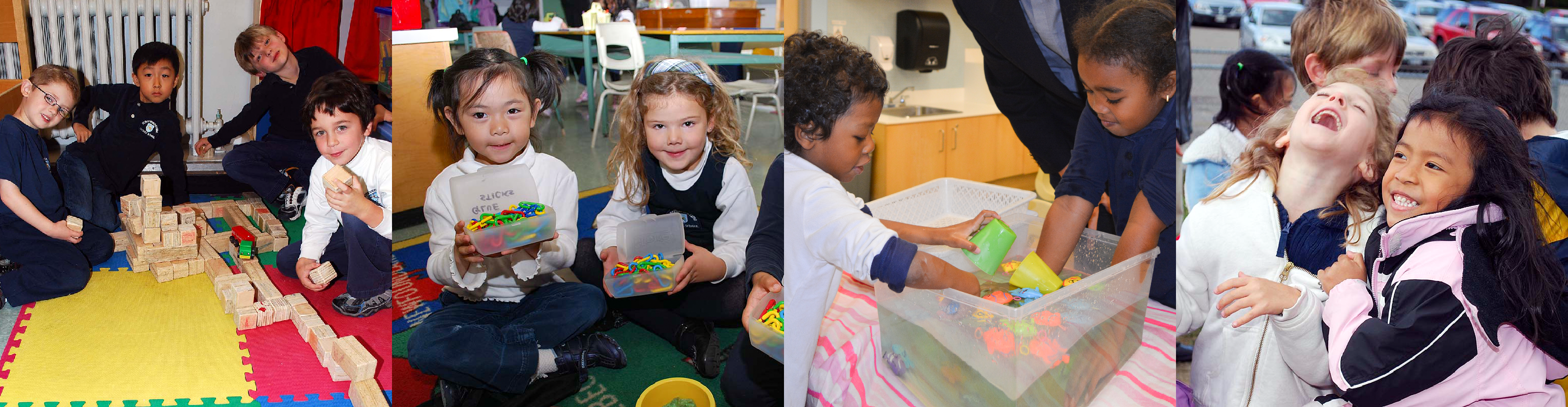 Photos of kindergarten students at play inside with building blocks, plastic links, and tubs of water, as well as enjoying the fresh air outside.