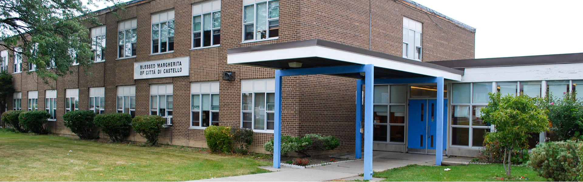 The front of the school building.