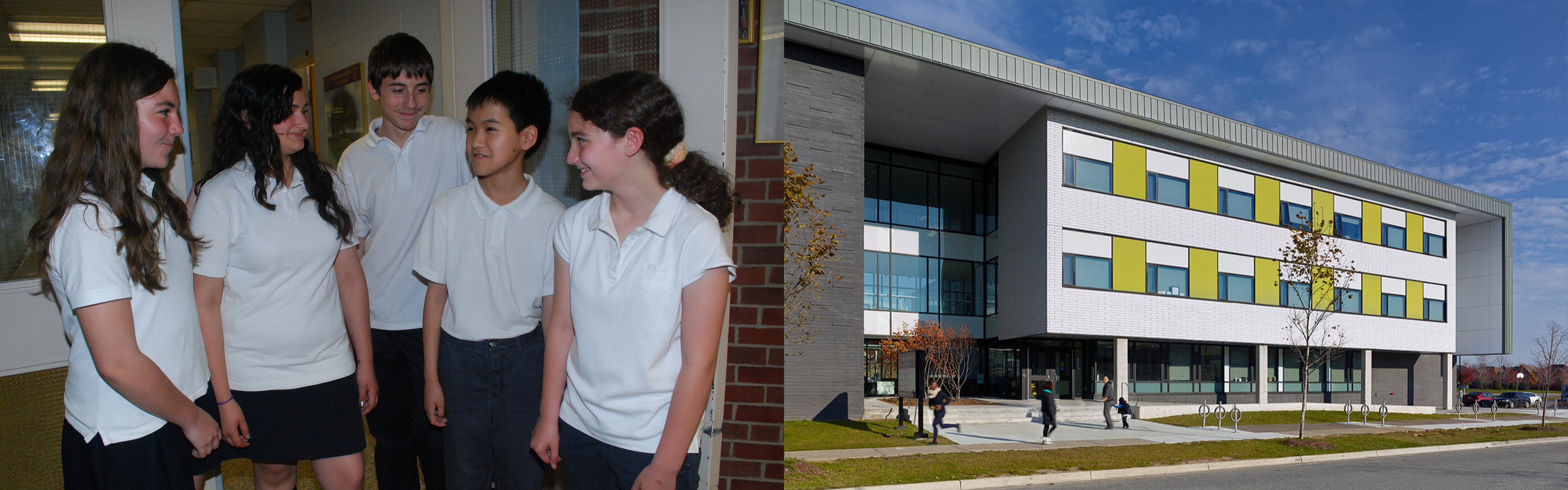 Left, elementary students in white and navy school uniform. Right, the front of the Blessed Pier Giorgio Frassati school building.