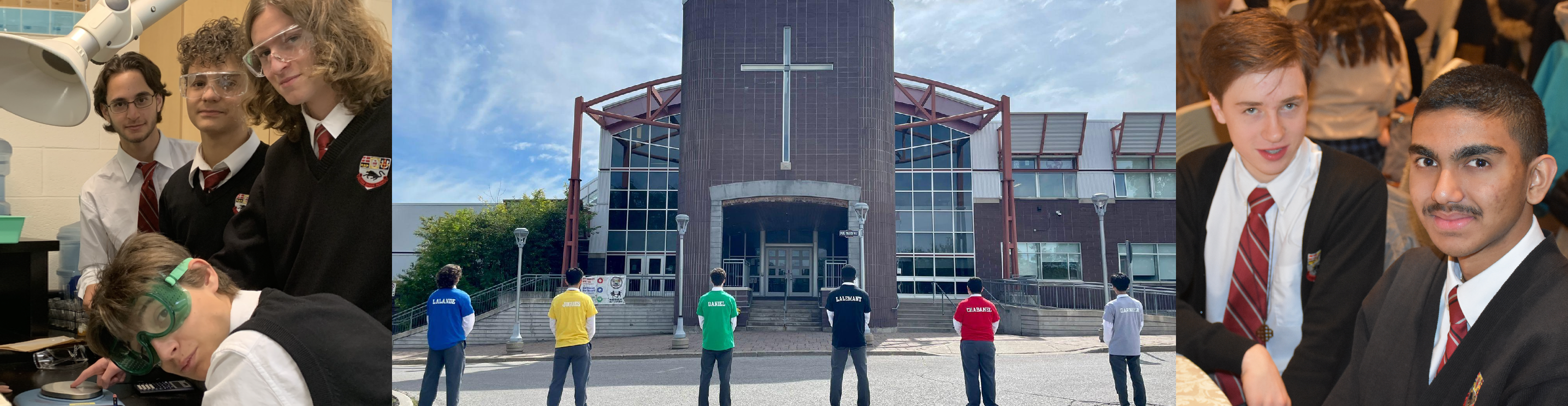 First photo is of four Brebeuf students in uniform in science class. Second photo is of six Brebeuf students standing in front of the Brebeuf school building with jerseys over their school uniform that have the name and colours of the six school houses: Lalande, Jogues, Daniel, Lalemant, Chabanel, and Garnier. Third photo is of two Brebeuf students in uniform at a formal dinner event.