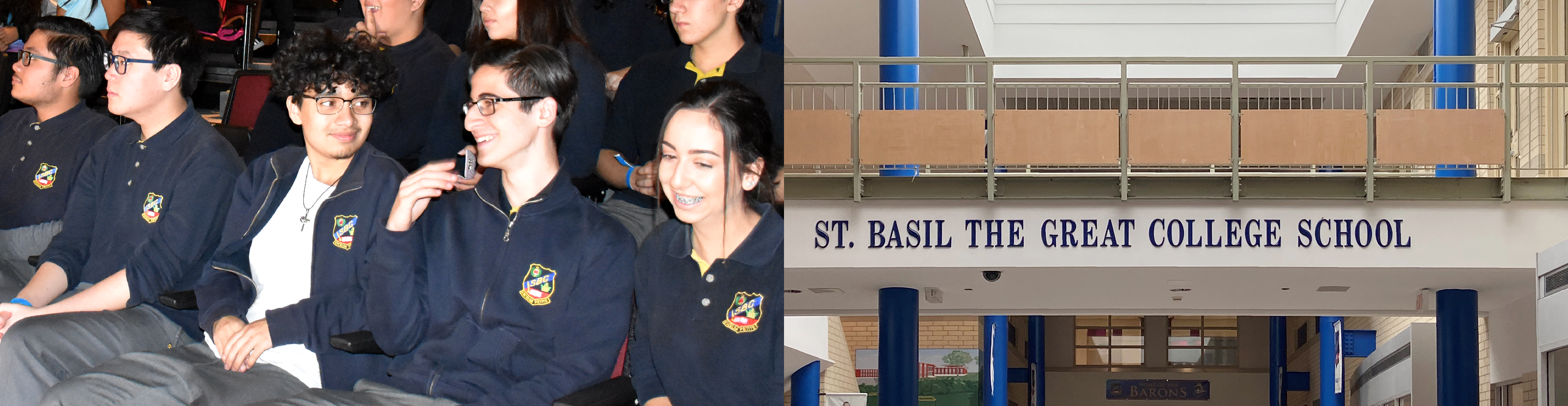 Left, a group of St-Basil-the-Great students in school uniform at an assembly. Right, photo of the front foyer of the St. Basil-the-Great Catholic School building.