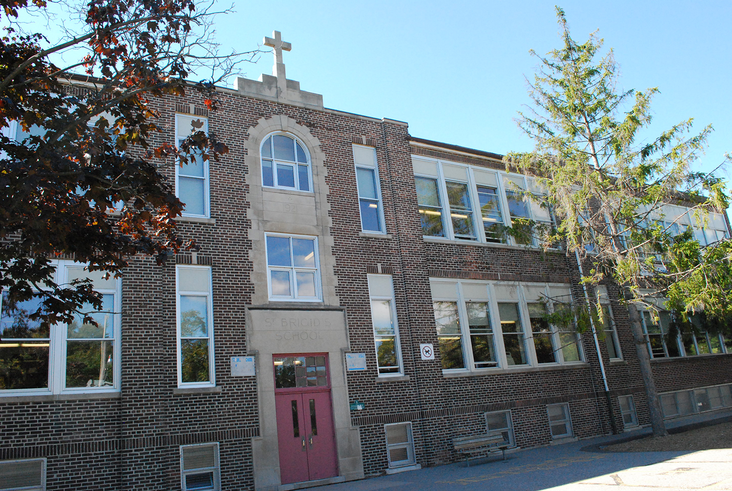 The front of the school building.