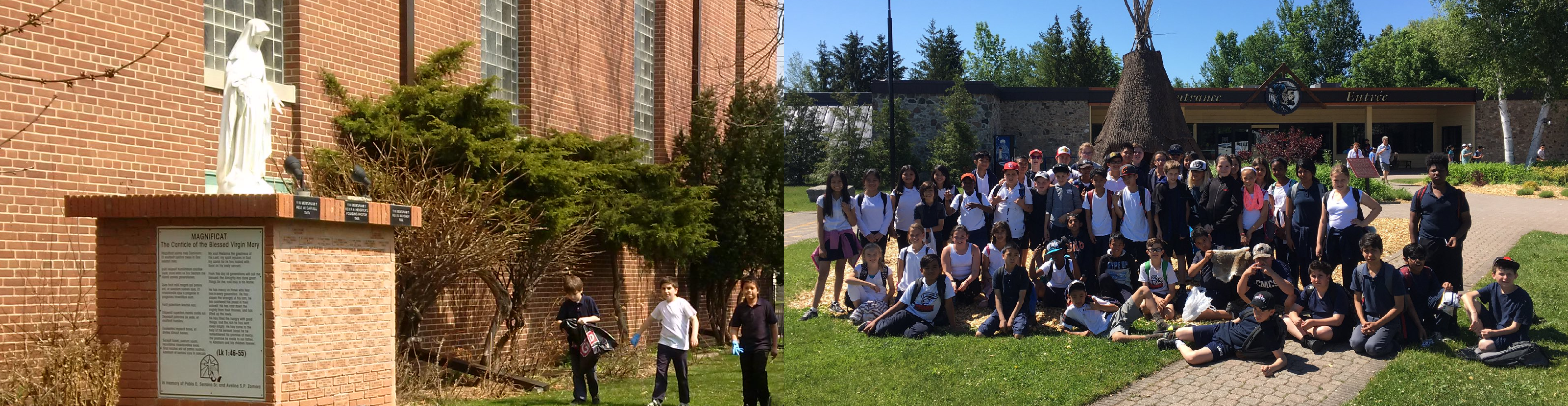 Left is a picture of Canadian Martyrs parish with students cleaning up the grounds. Right is a group picture of Canadian Martyrs students on a field trip.