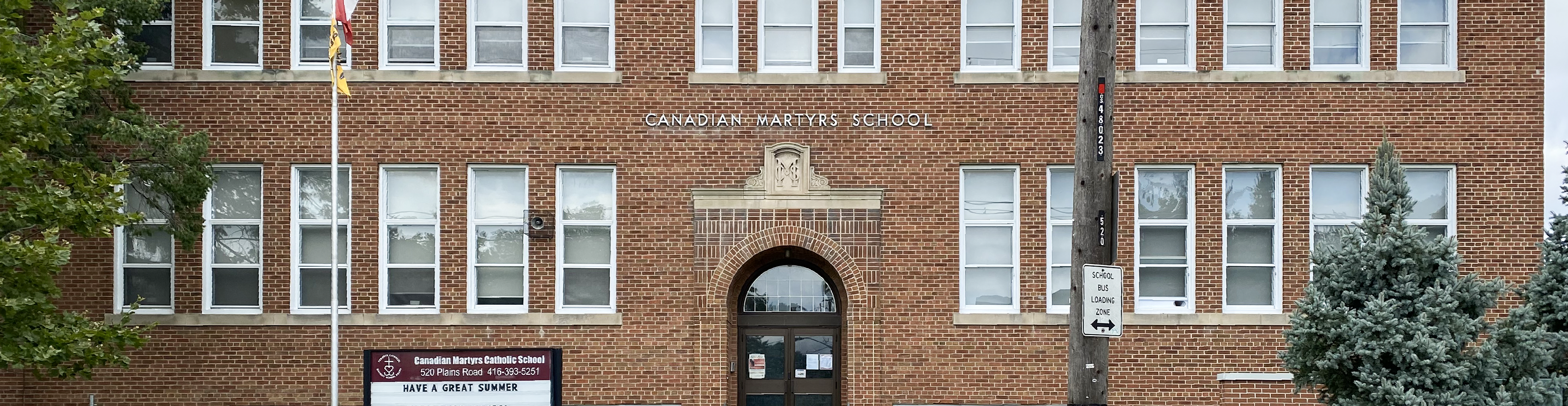 The front of the school building.