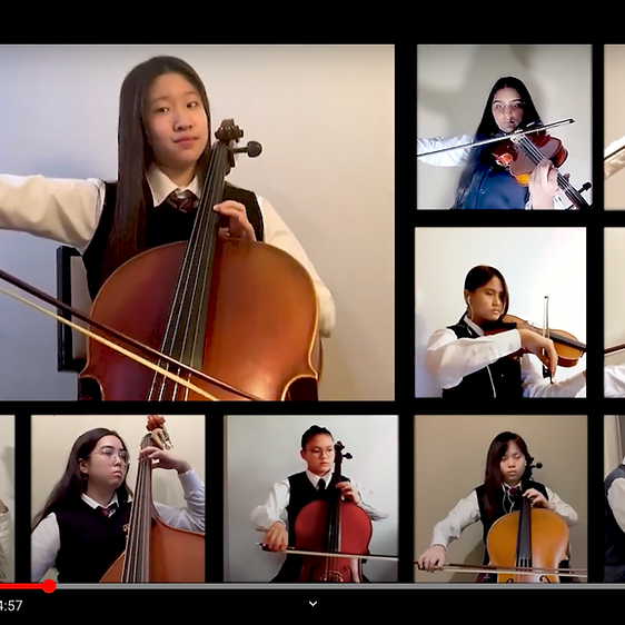 A group of students playing string instruments virtually.