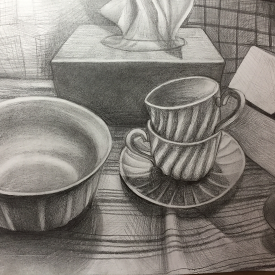 A painting of 2 cups and a bowl.