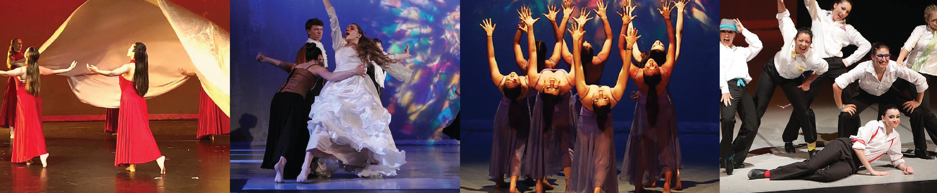 4 pictures illustrating students dancing on stage. 