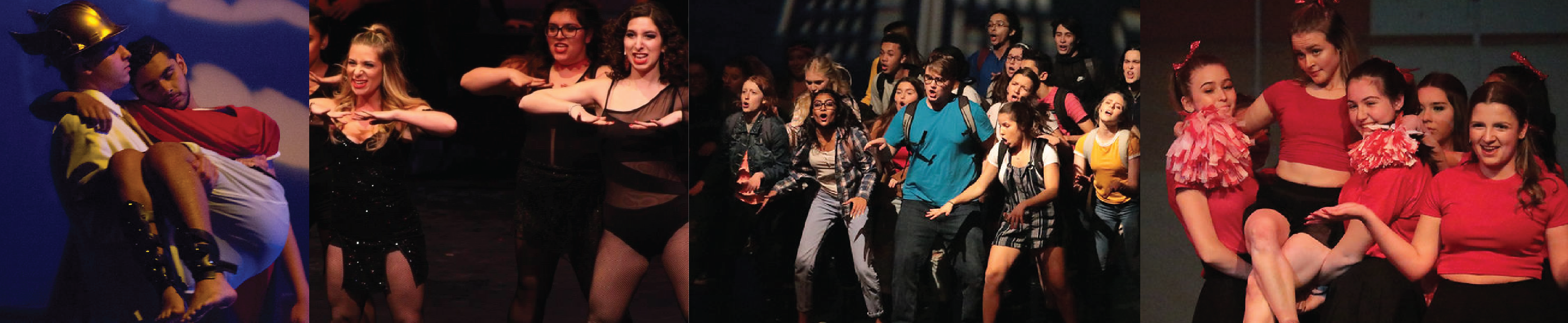 Four pictures illustrating students performing in a show.