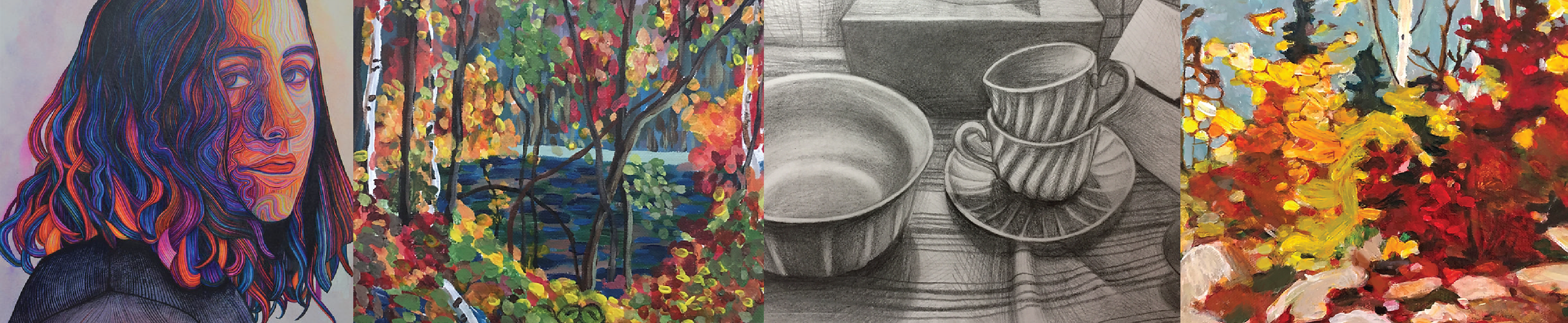 Four pictures illustrating students' artwork.