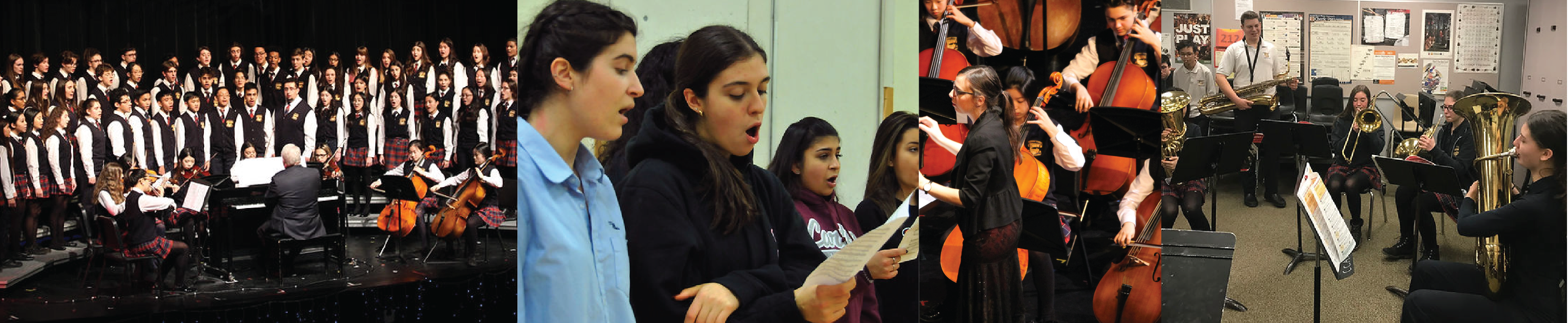 Four pictures illustrating students performing in music.