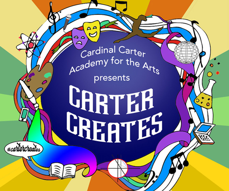 Carter Creates logo with multiple colors and shapes in the background.