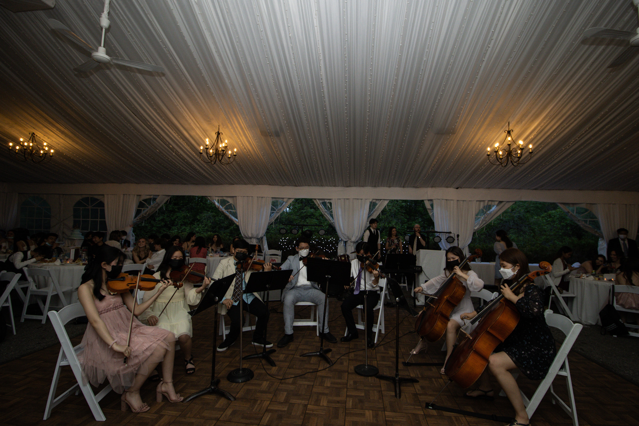 7 students playing strings instruments at an event. 